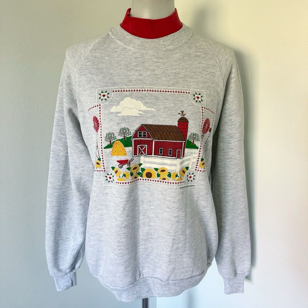 Vintage 90s Layered Mock Neck Sweatshirt L Farm Barn Sunflower Grandma Country